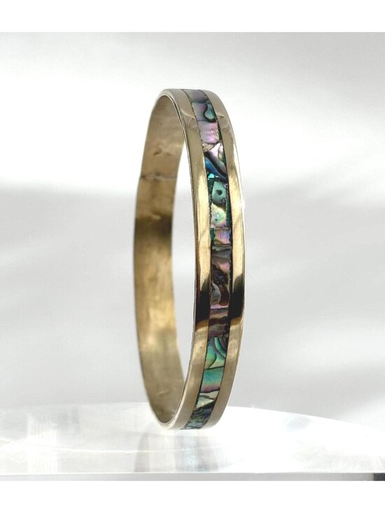 Abalone Hecho De Mexico Gold T Alpaca Silver Vintage Bangle Bracelet | Bangle - Picture 1 of 11